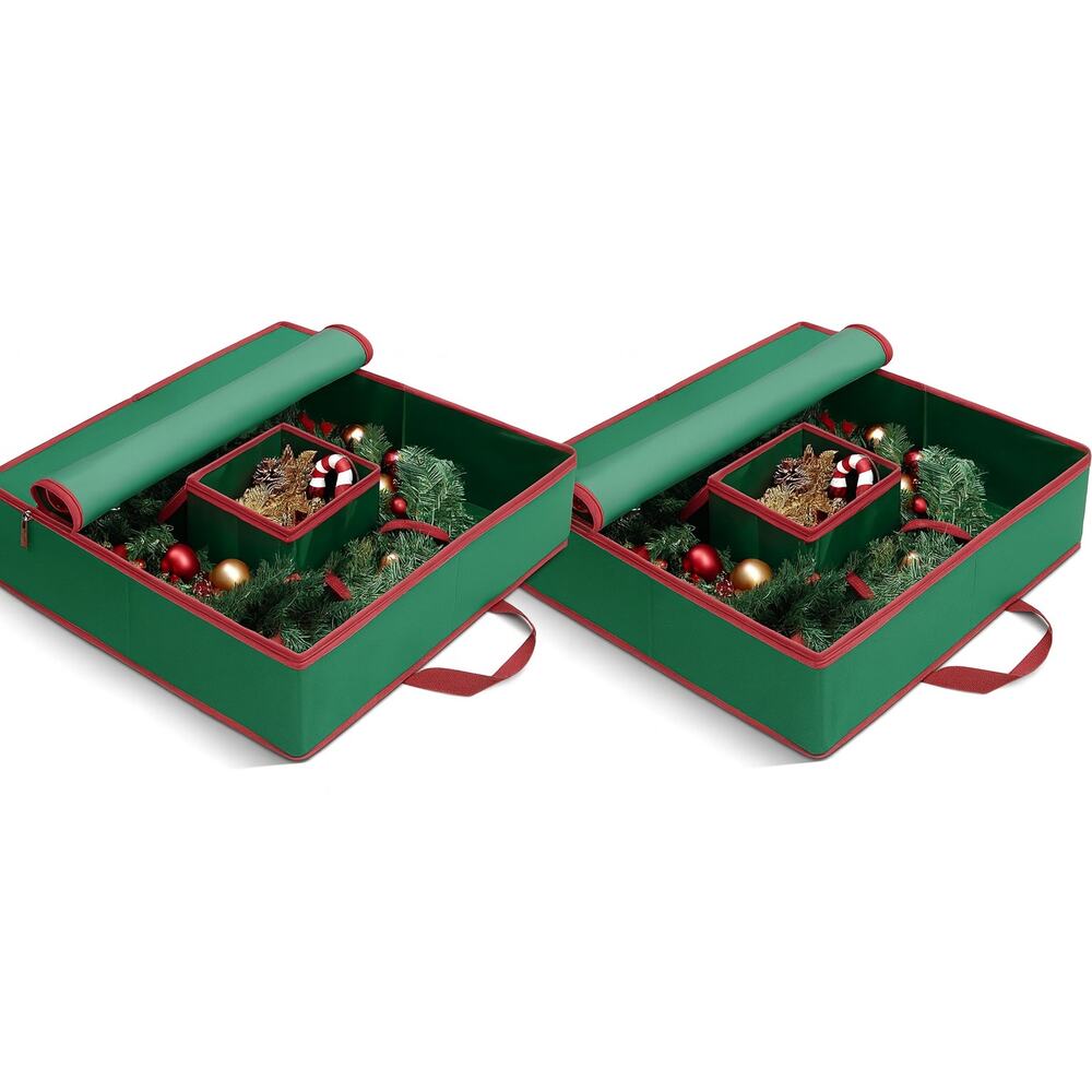2 Pack 30” Christmas Wreath Storage Boxes Hard Shell 600D Oxford w/ Inner Pocket